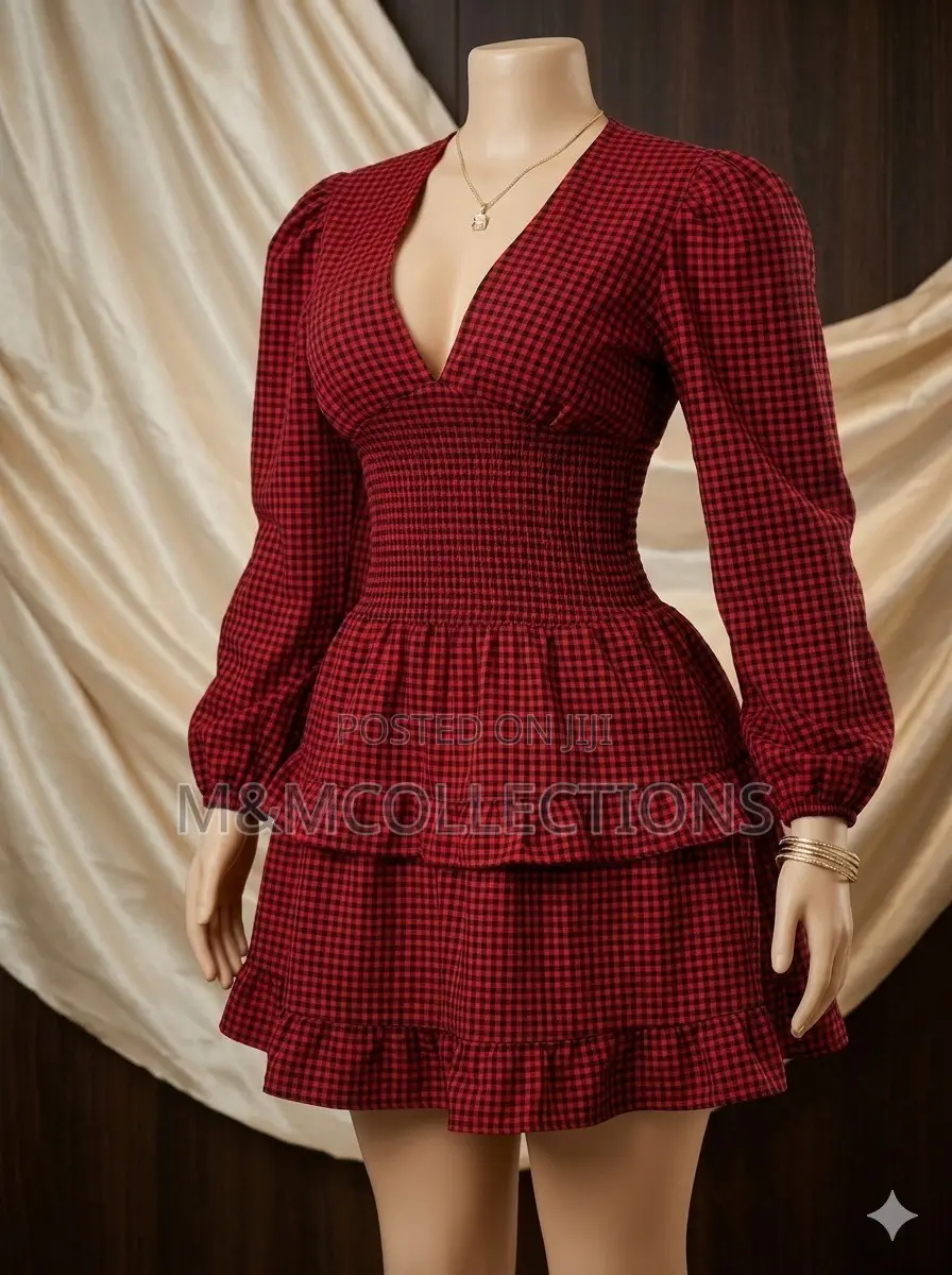 Red Checkered Long-Sleeve Dress