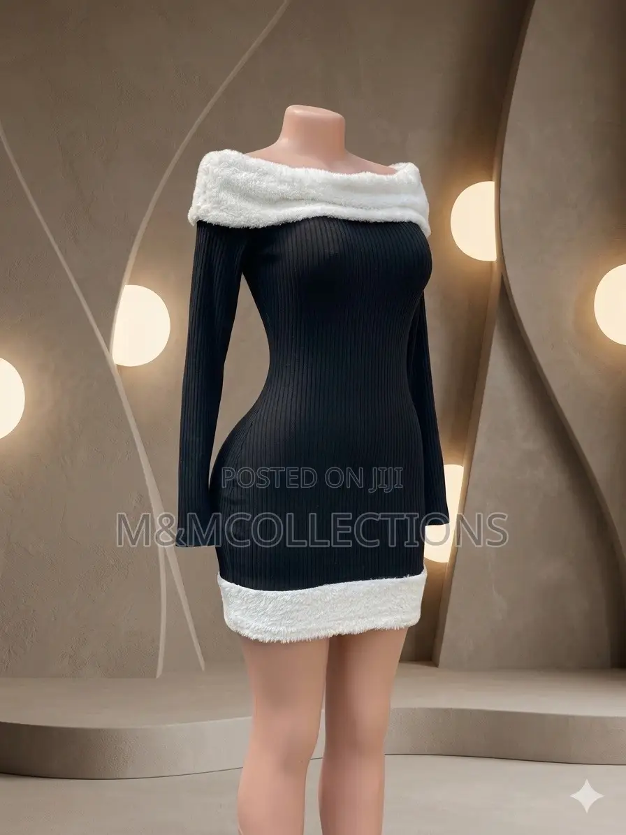Black Long-Sleeve Dress With White Fur Trim