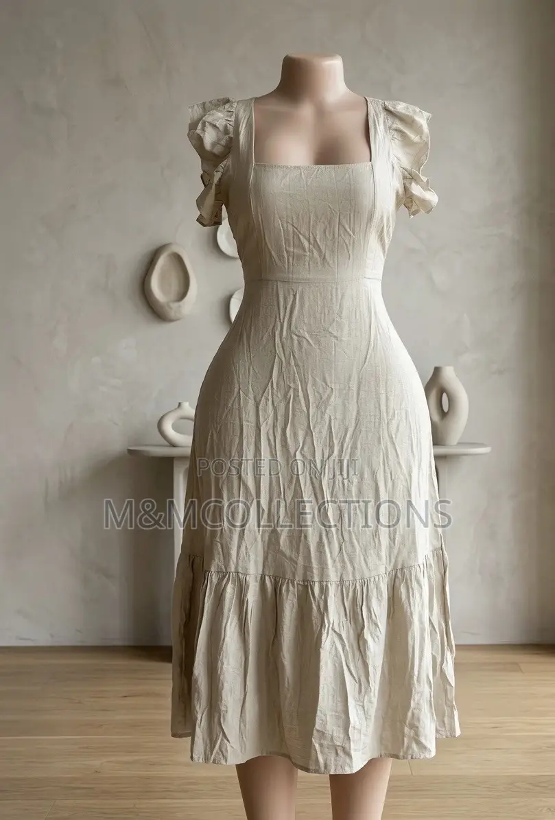 Women's Beige Midi Dress With Ruffled Sleeves