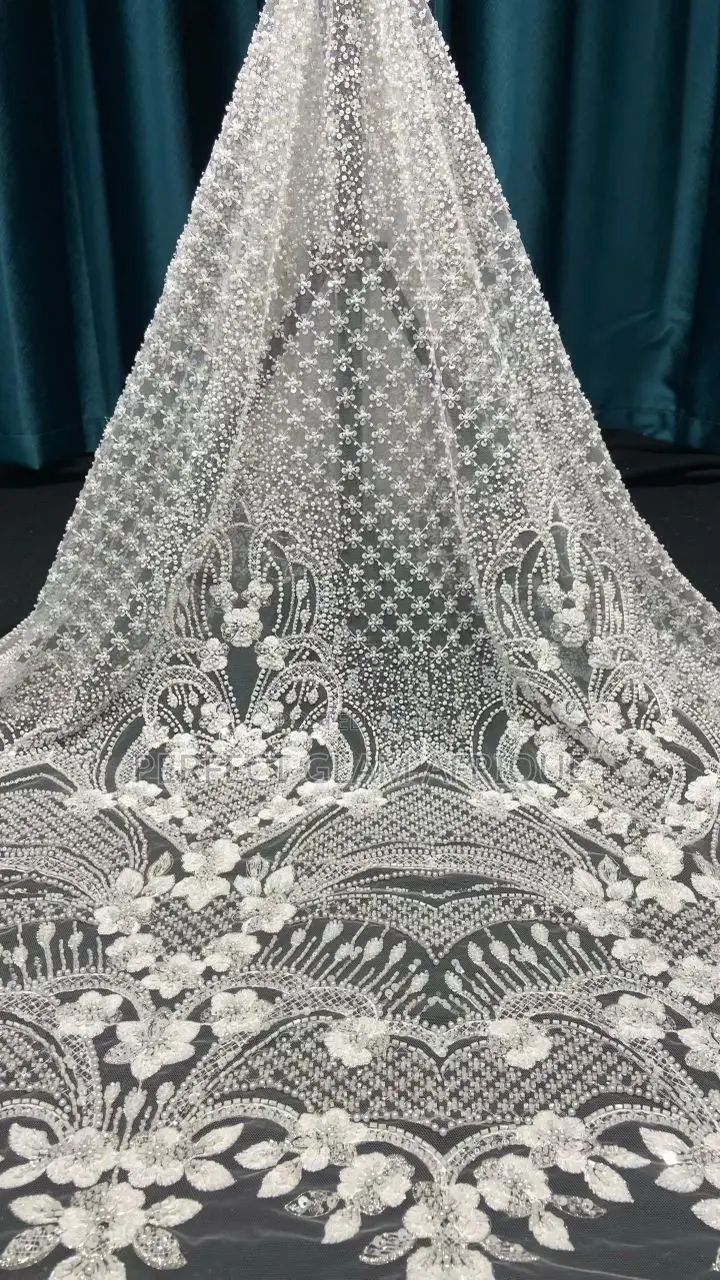 Luxury Handmade Beaded With Pearls and Sequins Embroidery Bridal Lace