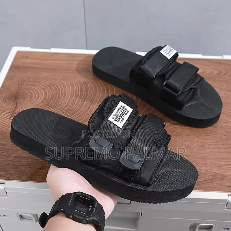Black Double-Strap Slide Sandals With Thick Sole – Sliders