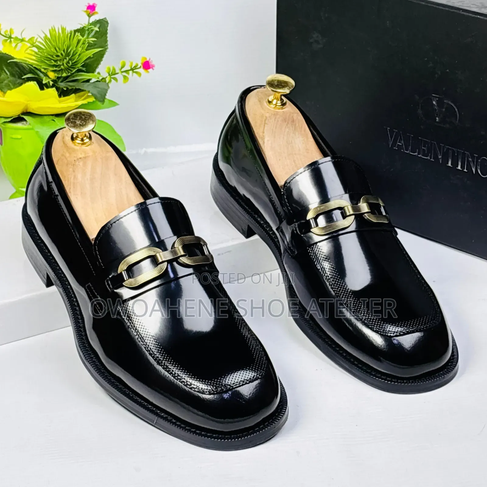 Men's Black Horsebit Patent Loafers.