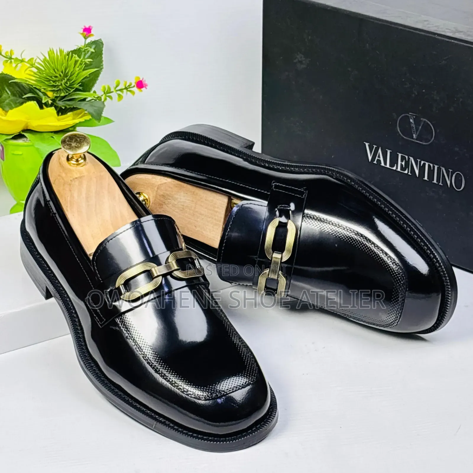 Men's Black Horsebit Patent Loafers.