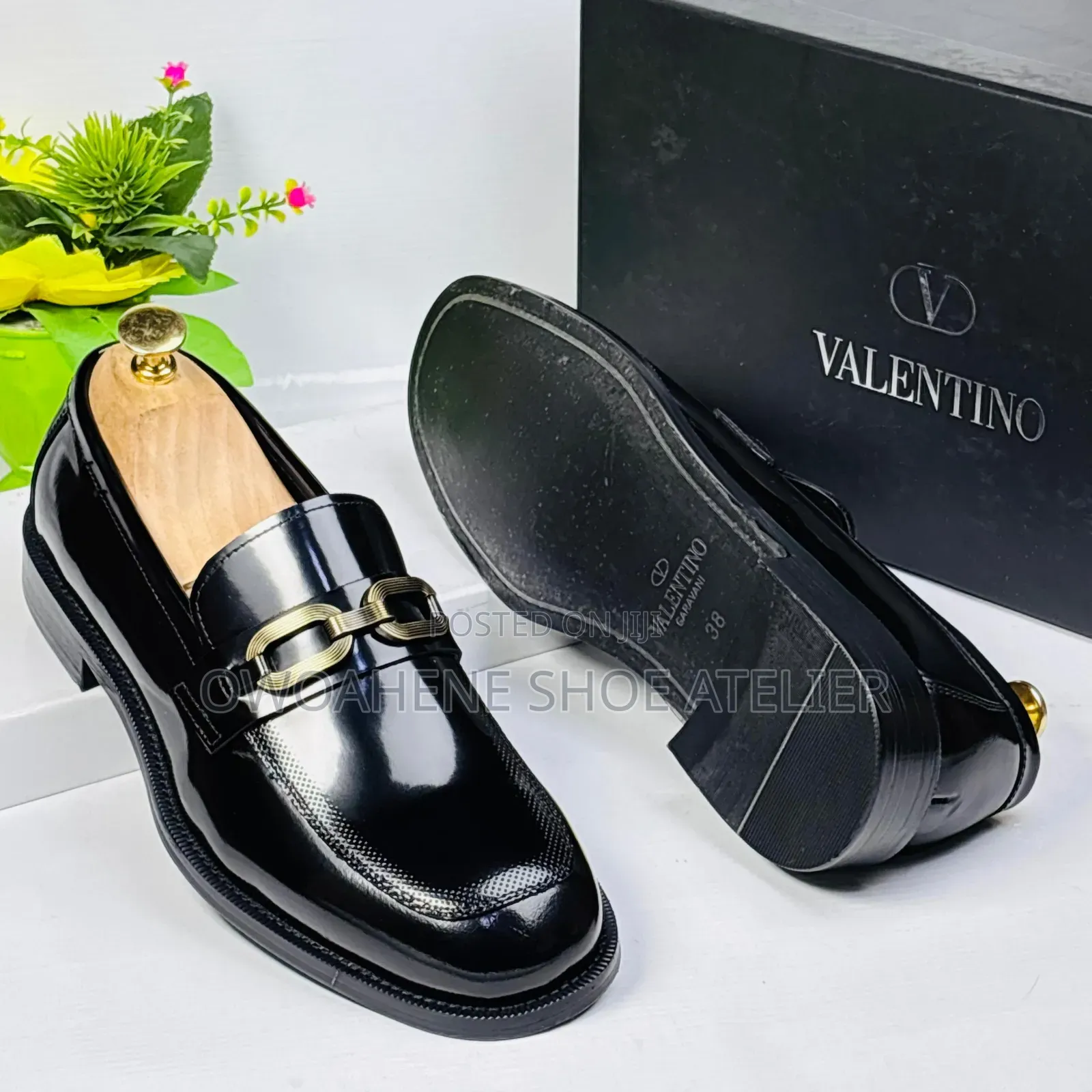Men's Black Horsebit Patent Loafers.