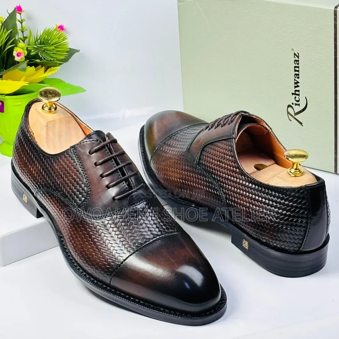 Men's Premium Burnished Brown Leather Oxford Dress Shoes,