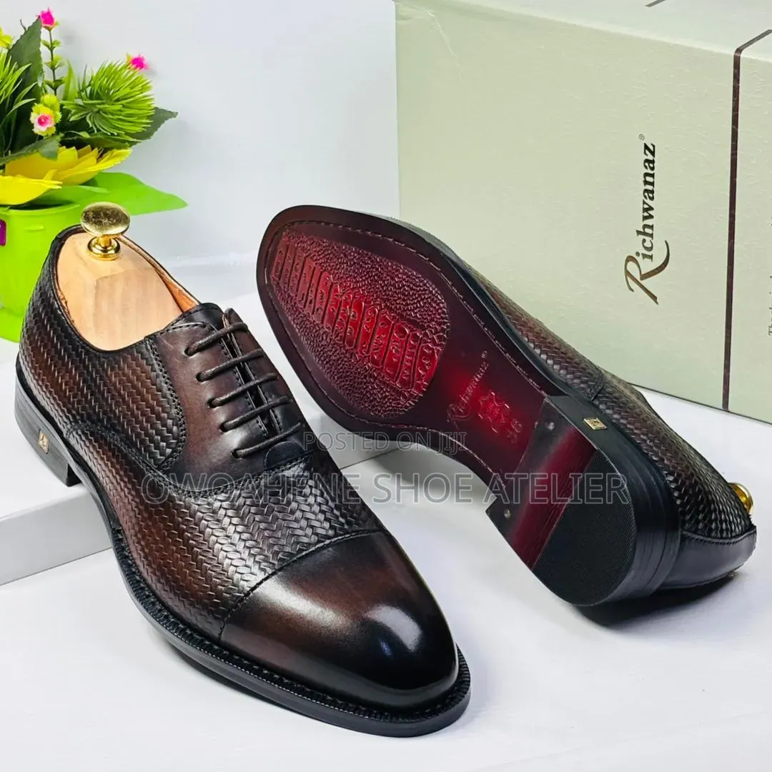 Men's Premium Burnished Brown Leather Oxford Dress Shoes,
