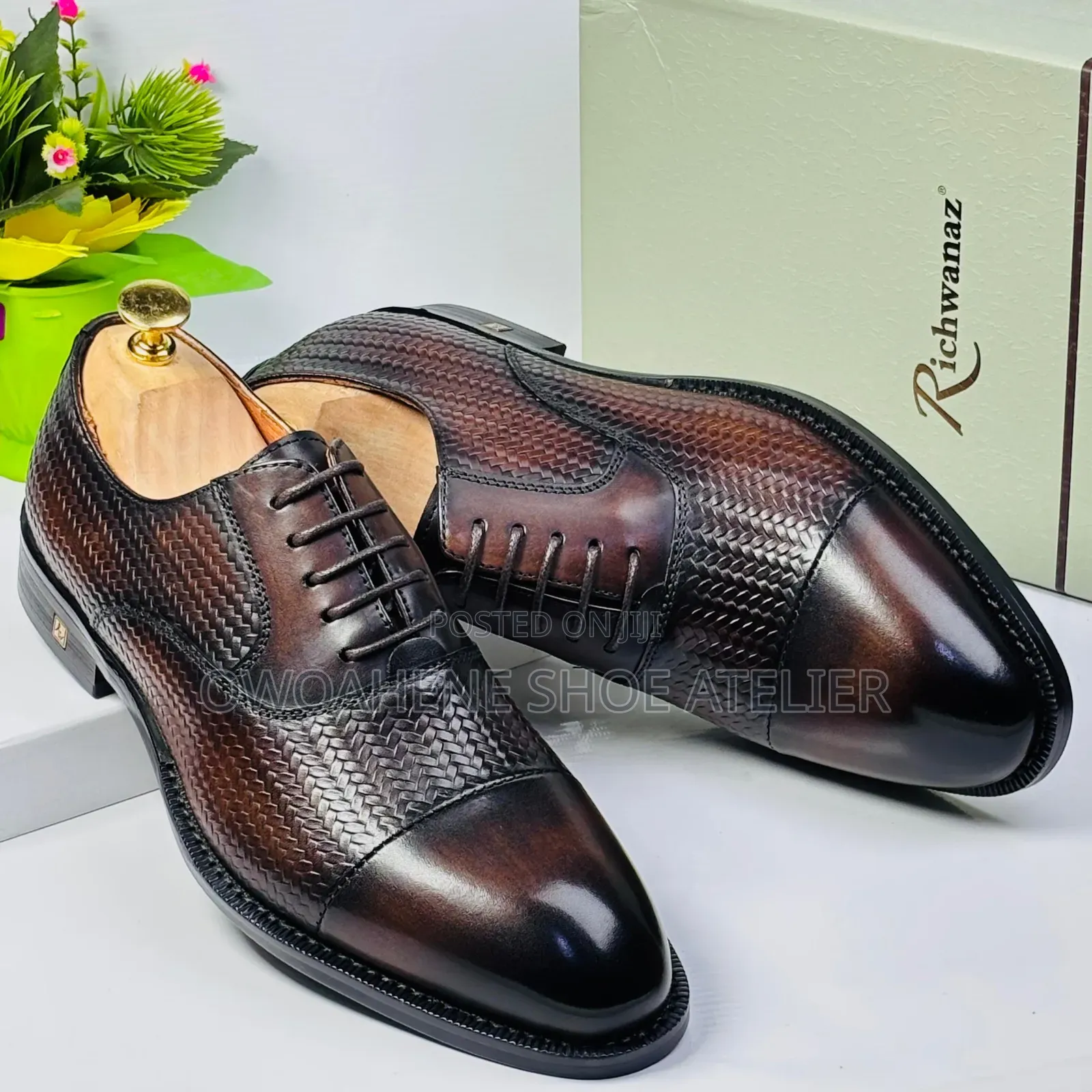 Men's Premium Burnished Brown Leather Oxford Dress Shoes,