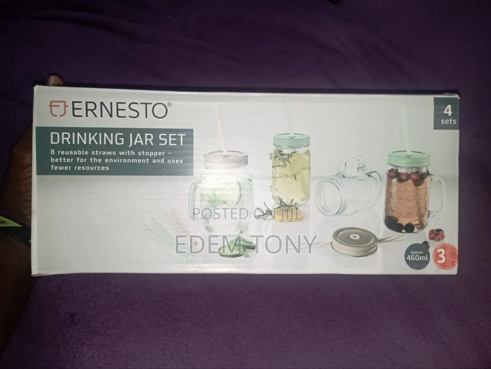 Ernesto 4 X Glass Drinking Jar Set Including Lids and 8 Straws