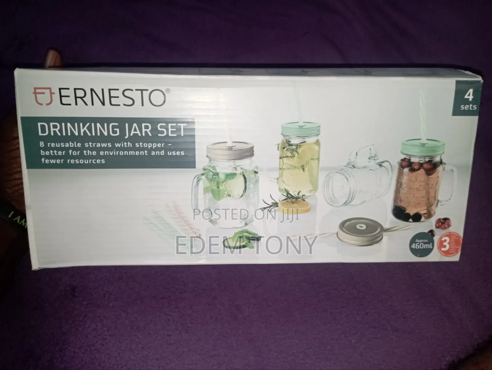 Ernesto 4 X Glass Drinking Jar Set Including Lids and 8 Straws