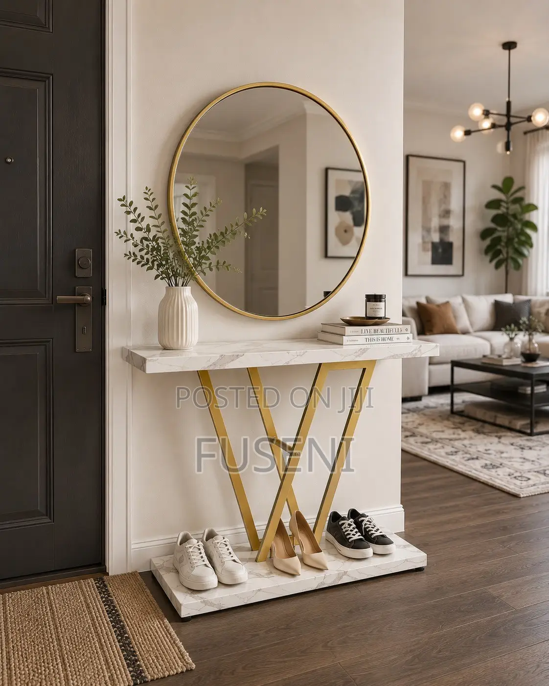 V-Shaped White Marble Console Table & 28" Round Gold Mirror Set