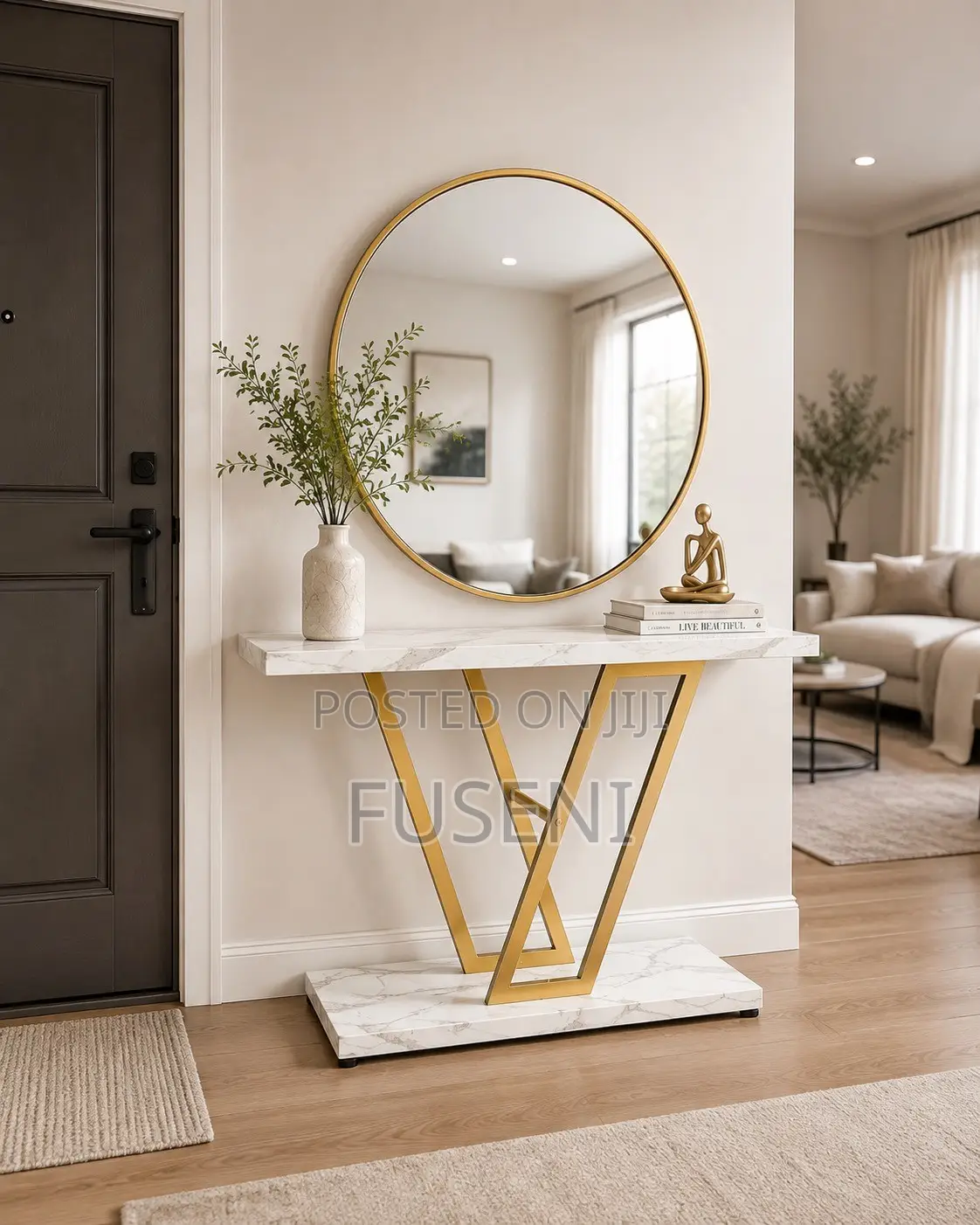 V-Shaped White Marble Console Table & 28" Round Gold Mirror Set