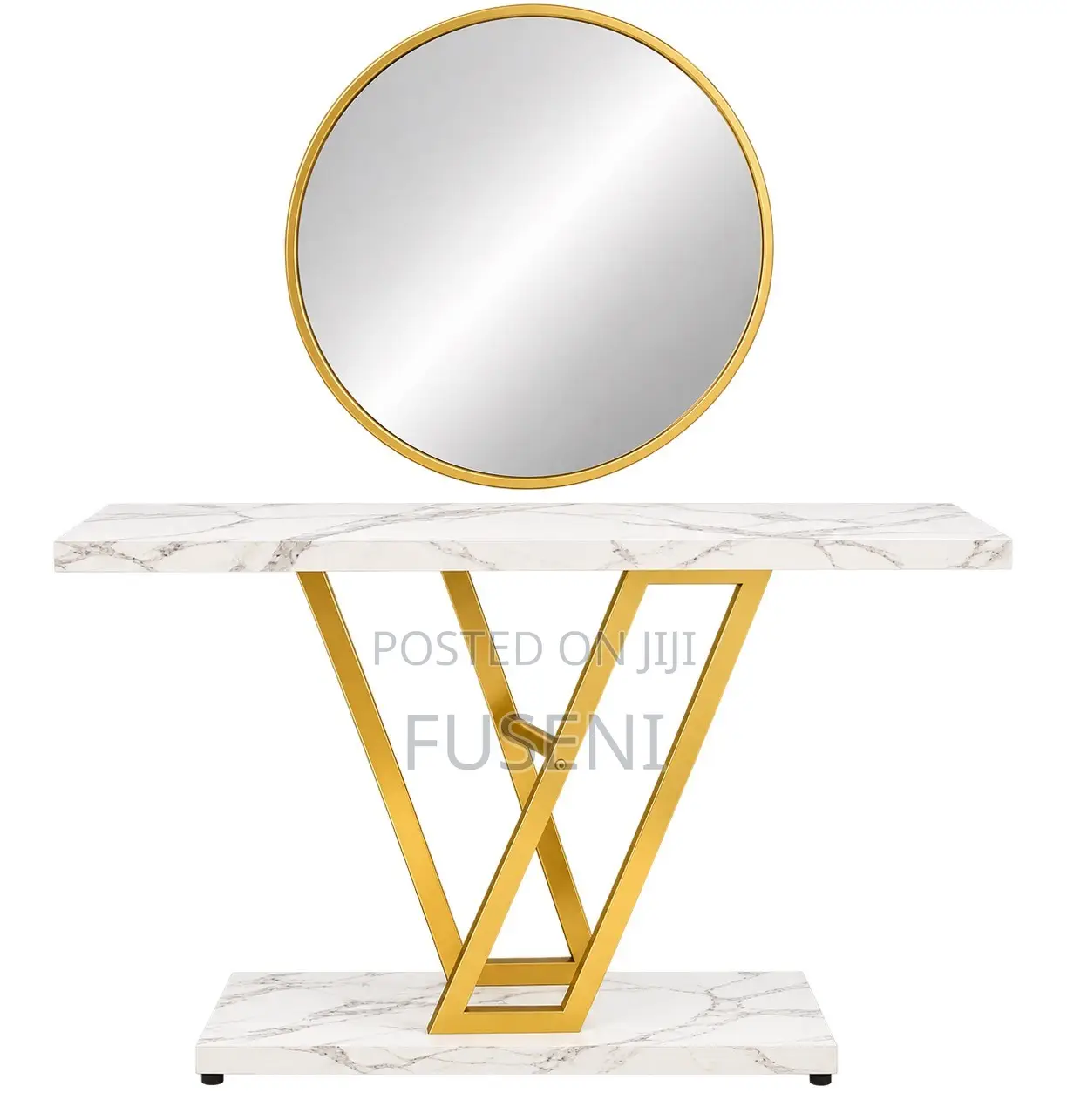 V-Shaped White Marble Console Table & 28" Round Gold Mirror Set
