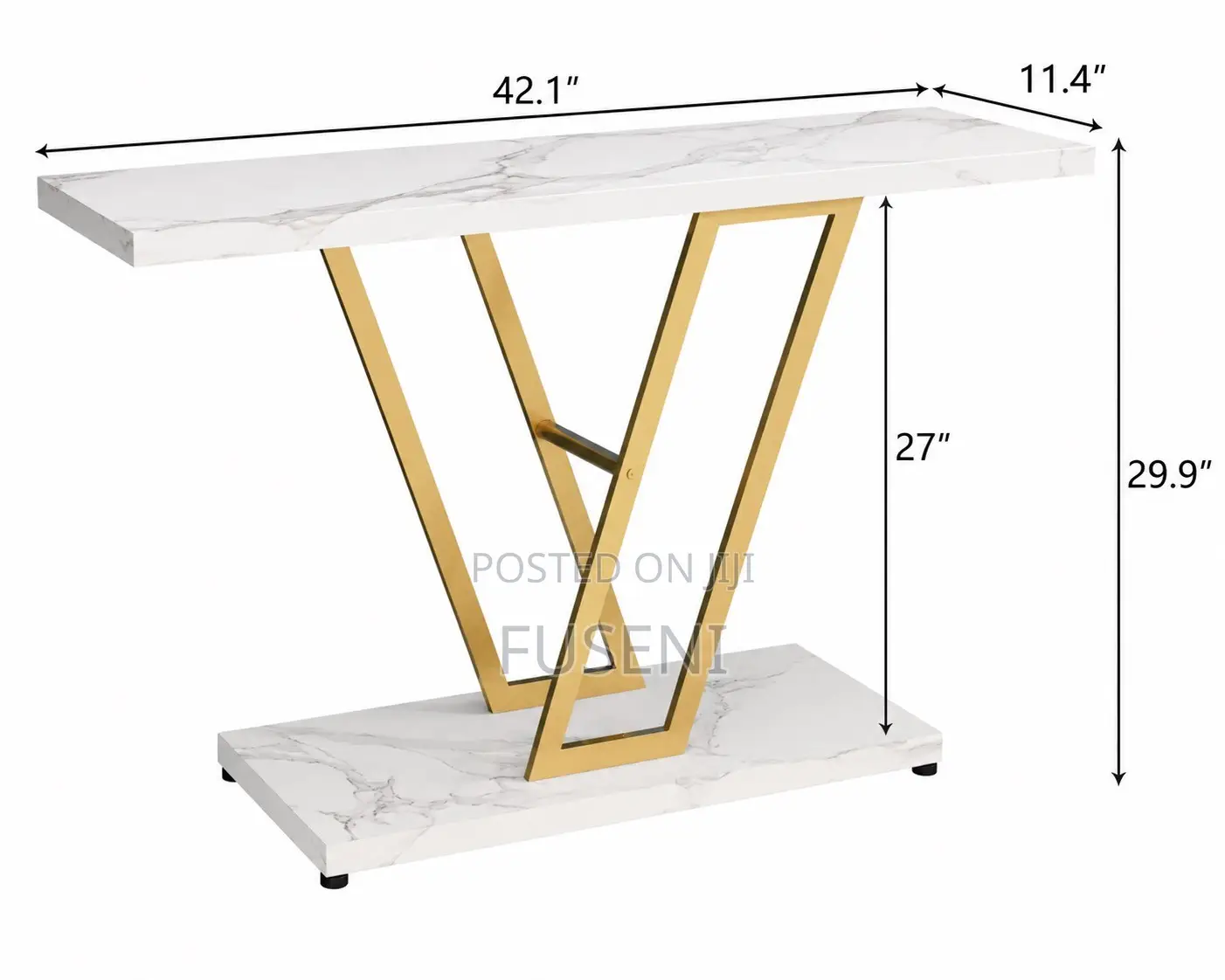 V-Shaped White Marble Console Table & 28" Round Gold Mirror Set