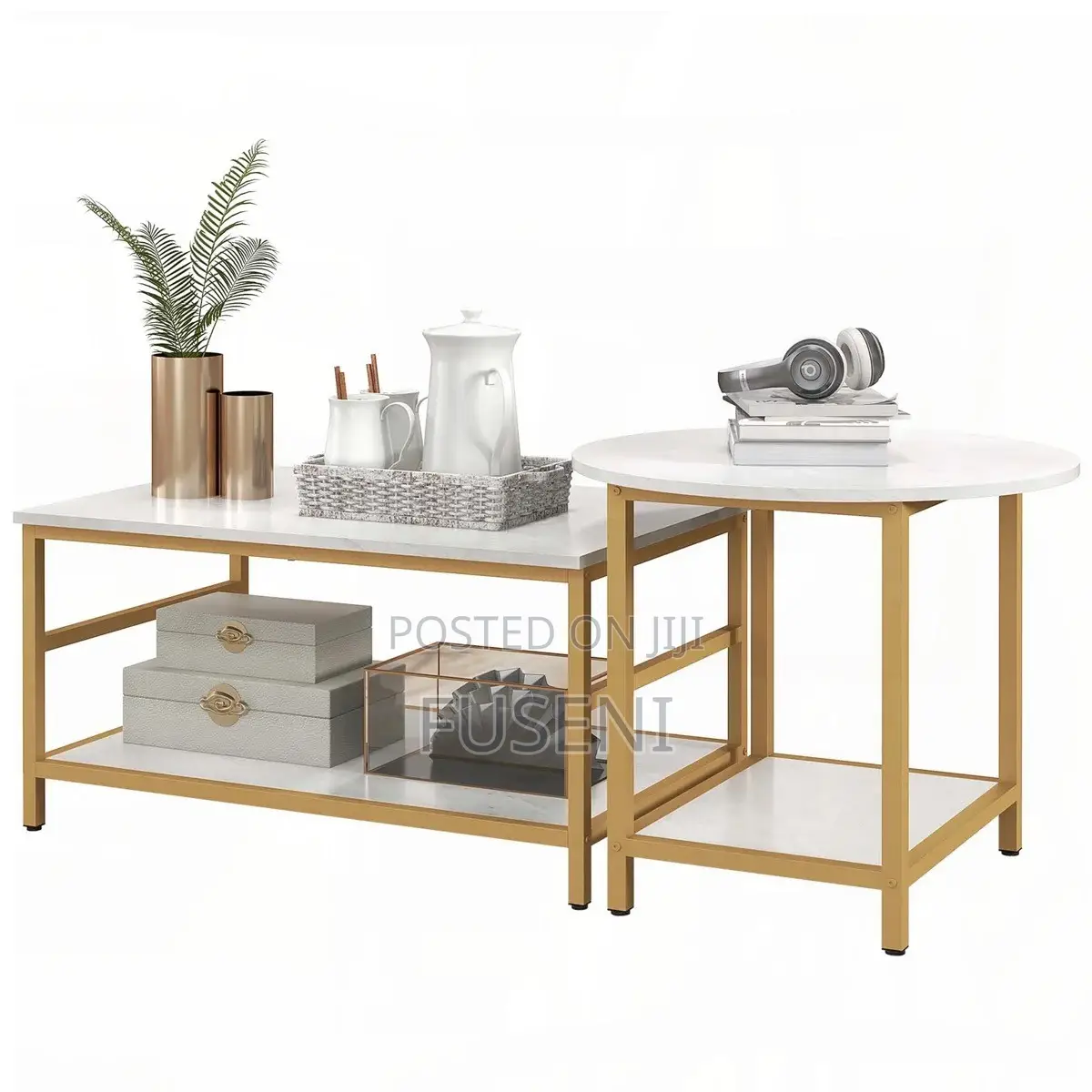 Coffee Tables 2-Rier Rectangle and Round Table With Shelves, White