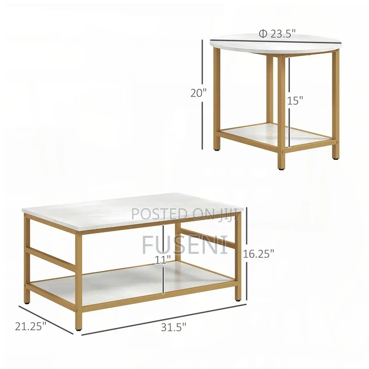 Coffee Tables 2-Rier Rectangle and Round Table With Shelves, White