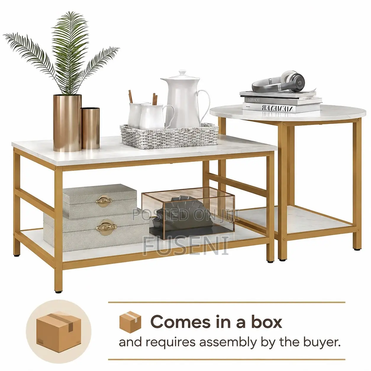 Coffee Tables 2-Rier Rectangle and Round Table With Shelves, White