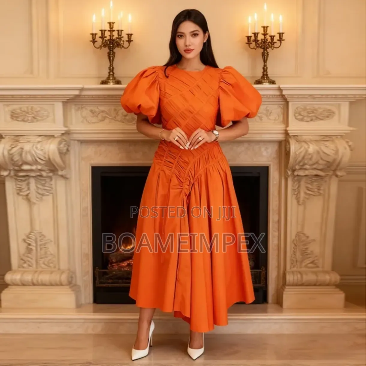 Women's Puff Sleeve Pleated Waist Dress