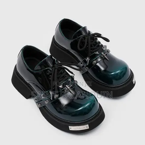 Derby Shoe, a Gradient Dark Green Metal Spike and Skull Accent Straps
