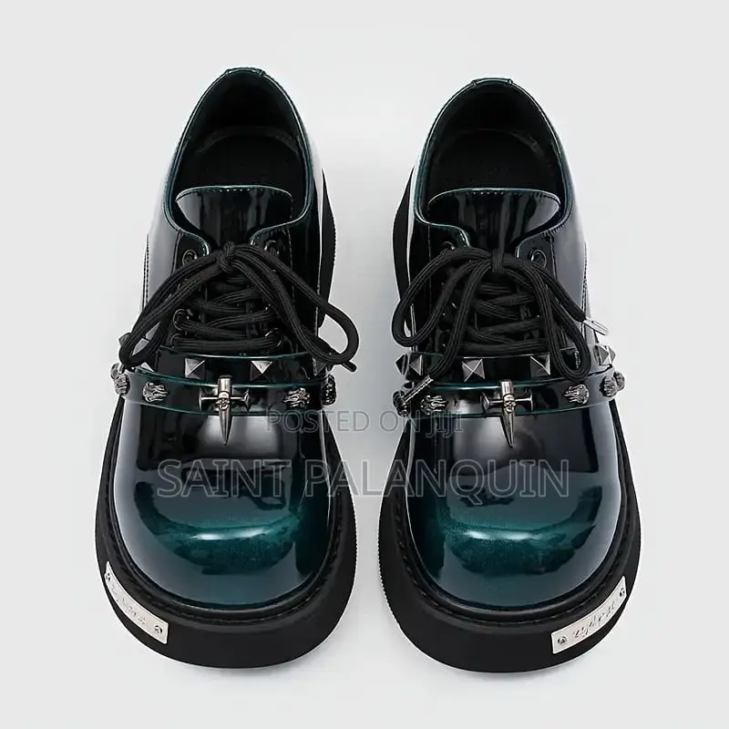 Derby Shoe, a Gradient Dark Green Metal Spike and Skull Accent Straps