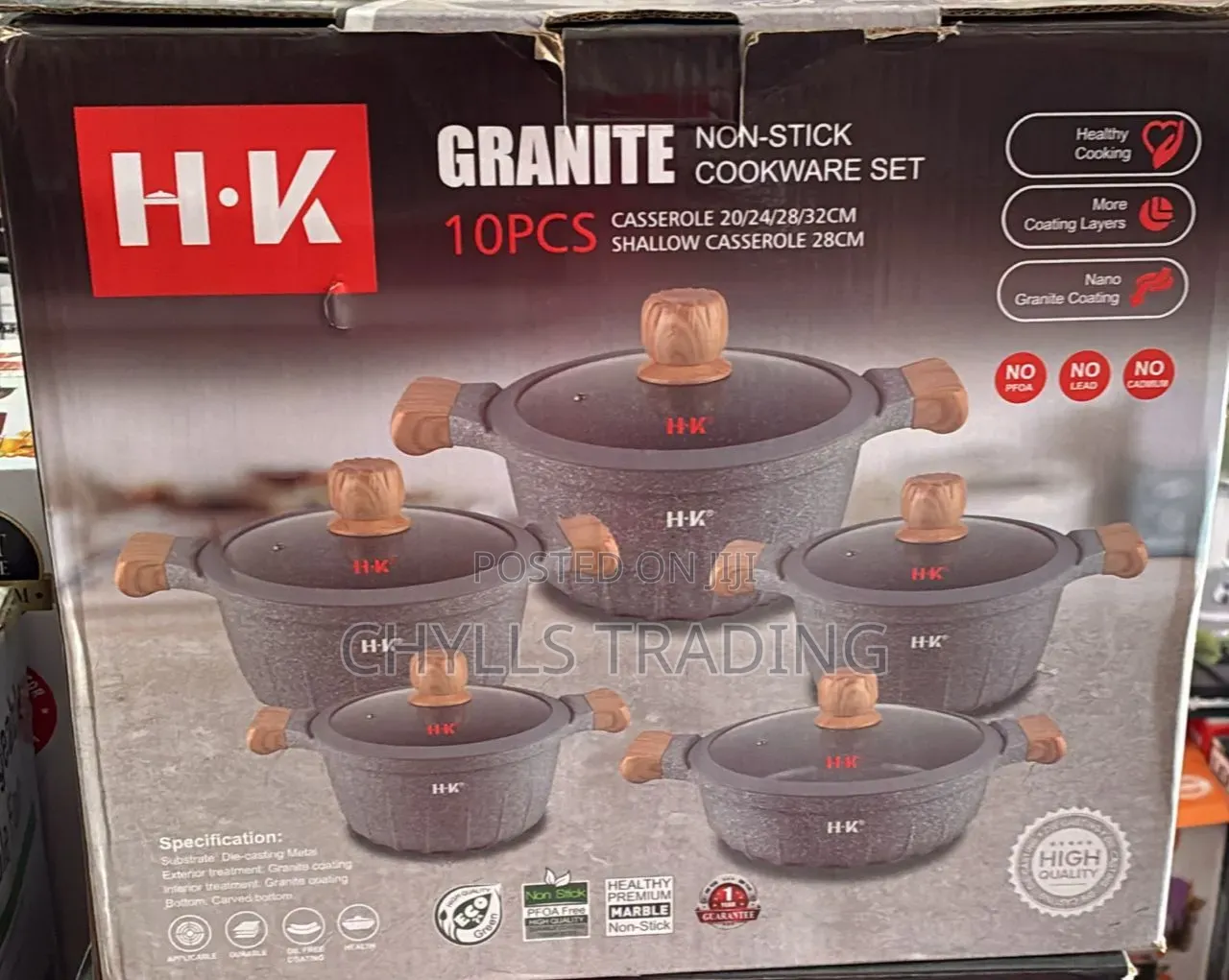 H-K 10PCS Granite Non-Stick Cookware Set – 20/24/28/32cm