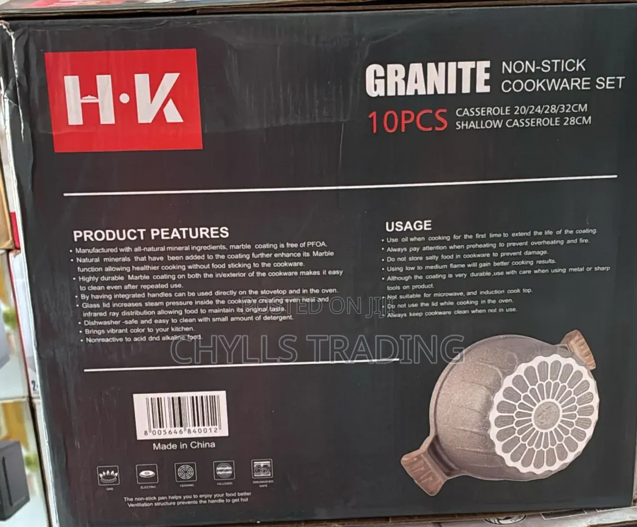 H-K 10PCS Granite Non-Stick Cookware Set – 20/24/28/32cm