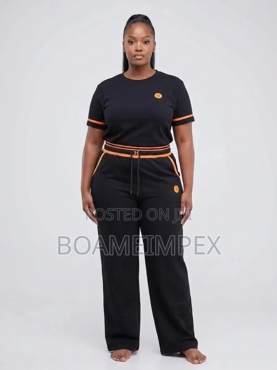 Ladies 2-Piece Black & Orange Casual Set | T-Shirt & Wide-Leg Trousers