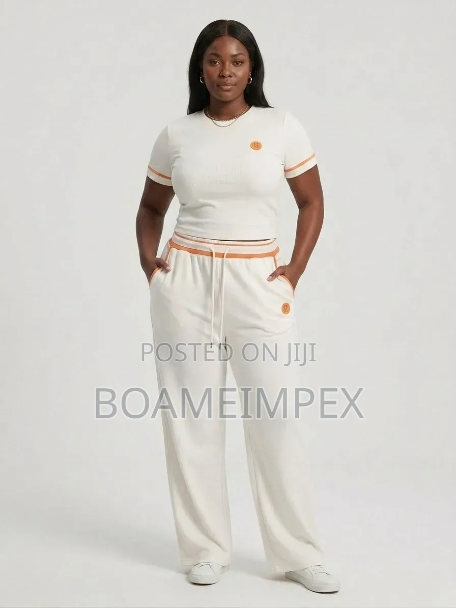 Ladies 2-Piece Black & Orange Casual Set | T-Shirt & Wide-Leg Trousers