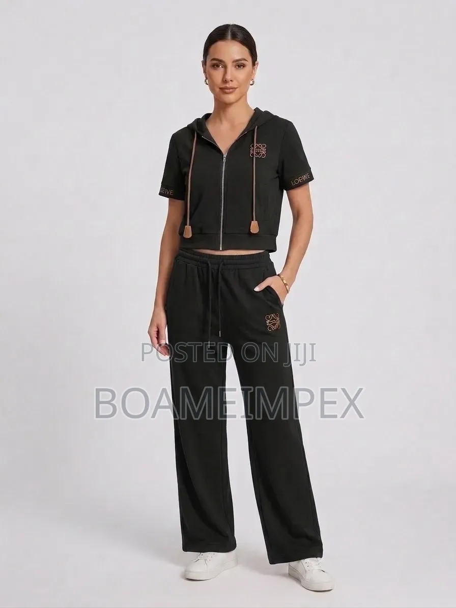 Ladies 2pc Hooded Set | Zip Top & Wide-Leg Trousers | Navy/Black