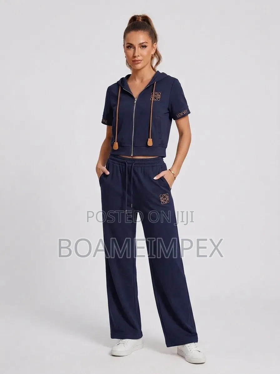 Ladies 2pc Hooded Set | Zip Top & Wide-Leg Trousers | Navy/Black