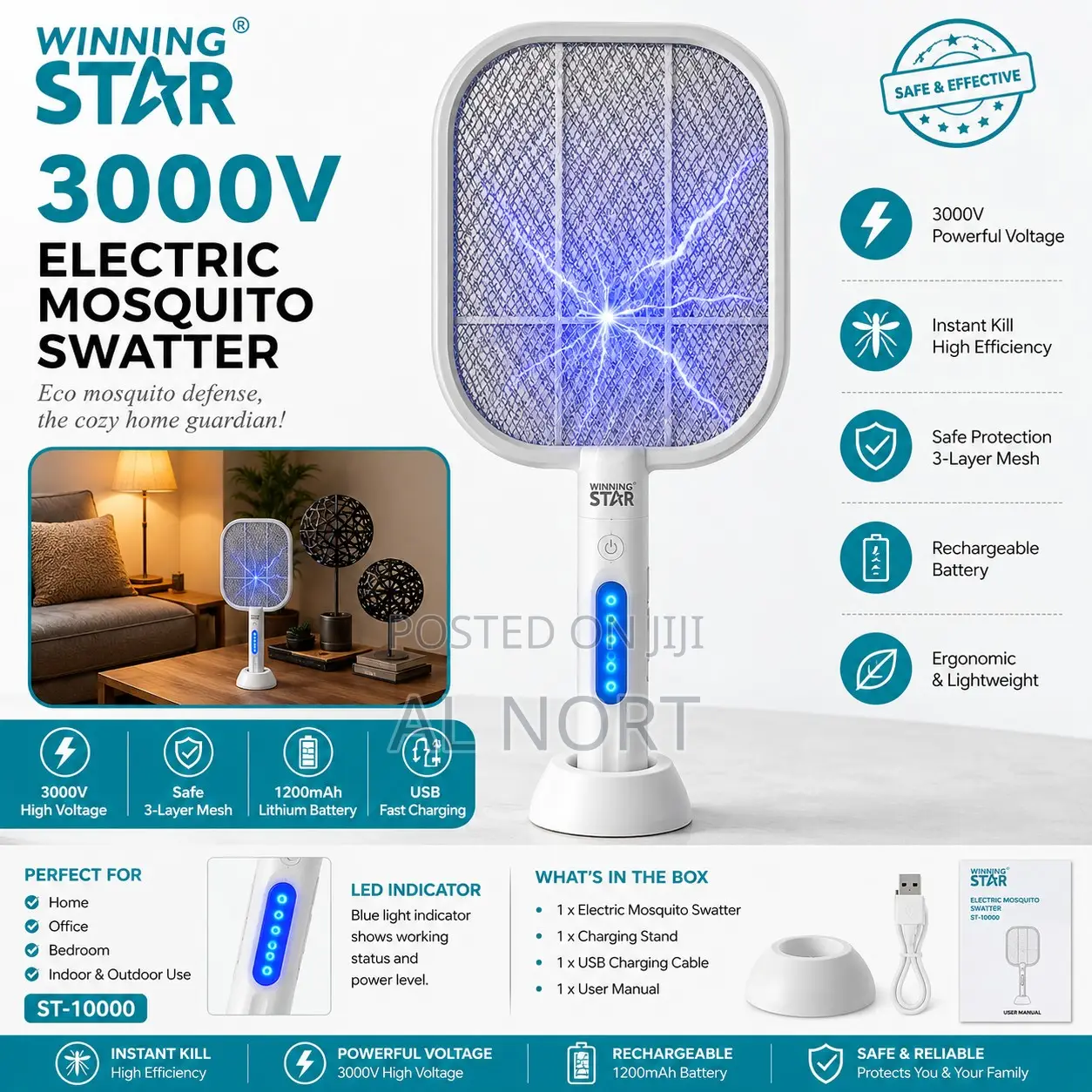 Winning Star Electric Mosquito Swatter – 3000V – Rechargeable