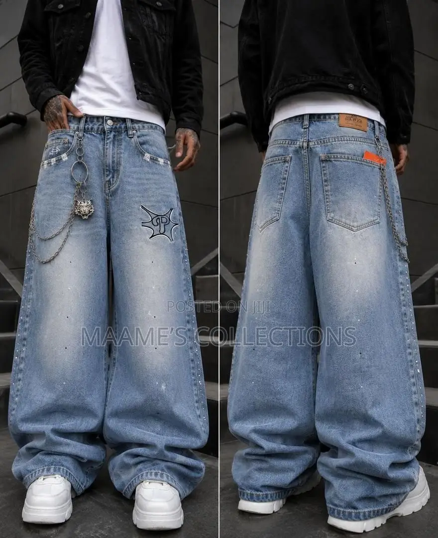 Men’s Light-Wash, Wide-Leg Baggy Denim Jeans