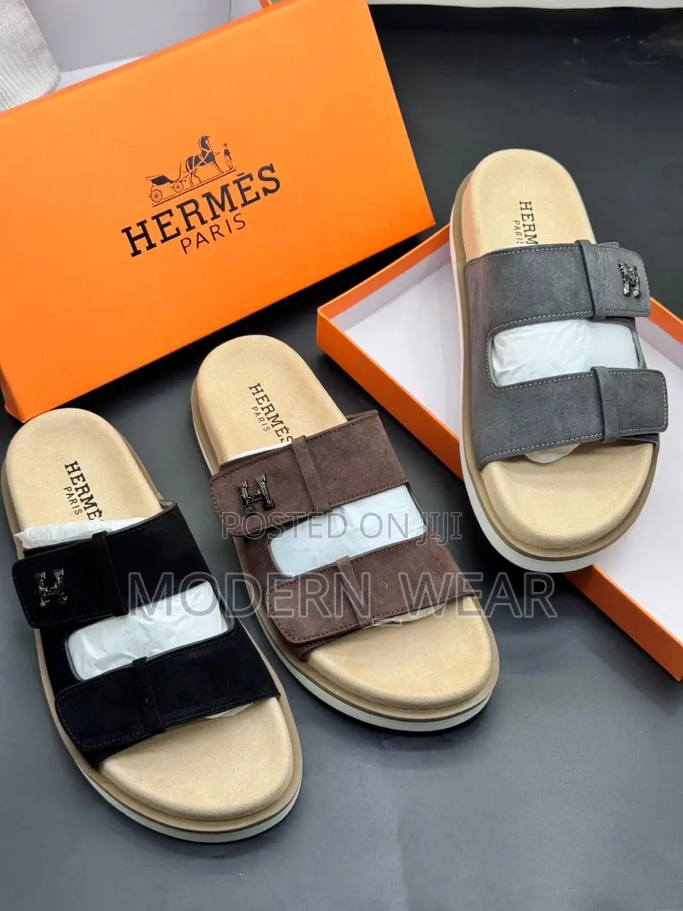 Hermès  Suede Adjustable Double-Strap Slide Sandals