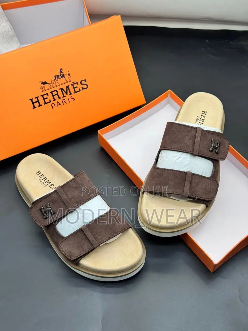 Hermès  Suede Adjustable Double-Strap Slide Sandals