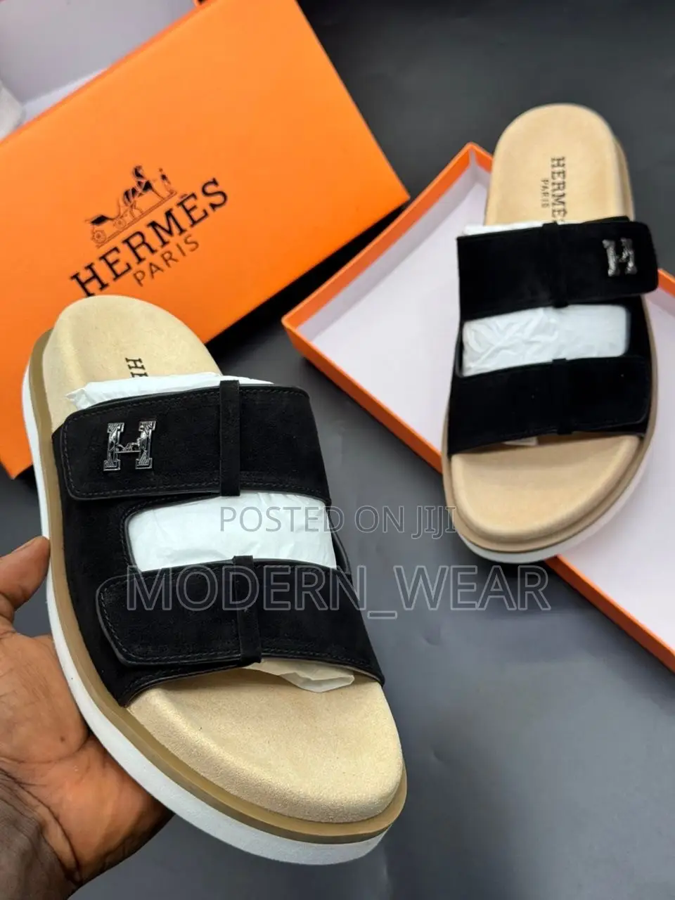 Hermès  Suede Adjustable Double-Strap Slide Sandals