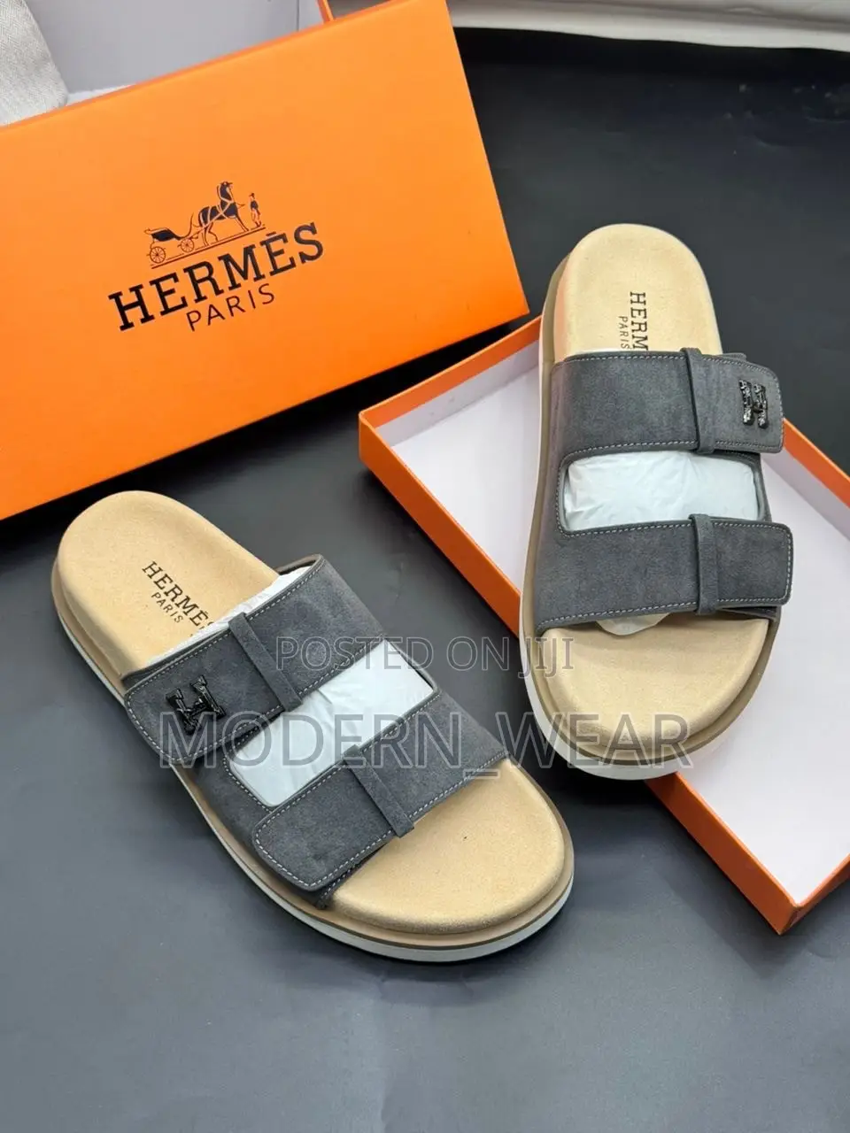 Hermès  Suede Adjustable Double-Strap Slide Sandals