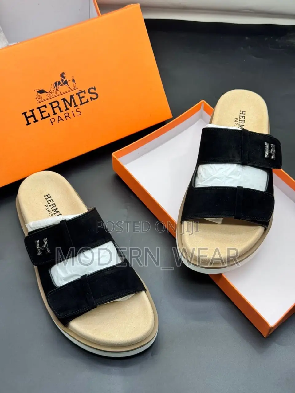 Hermès  Suede Adjustable Double-Strap Slide Sandals