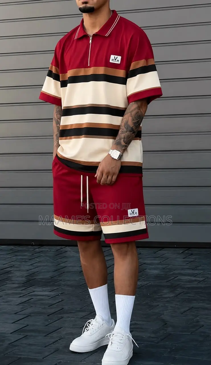 Men’s Striped Short-Sleeve Polo Top and Down Shorts Set