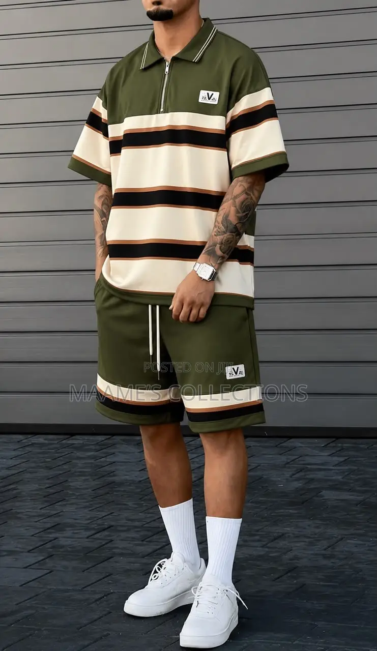 Men’s Striped Short-Sleeve Polo Top and Down Shorts Set