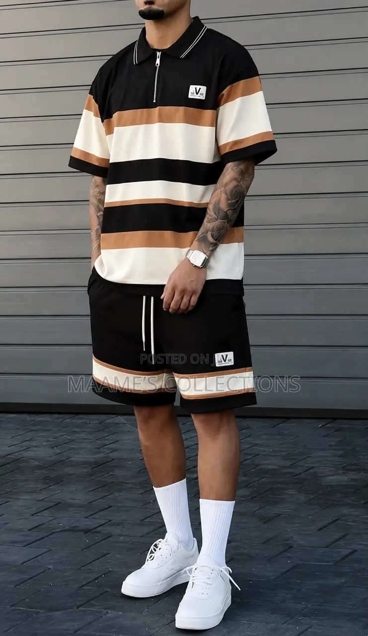 Men’s Striped Short-Sleeve Polo Top and Down Shorts Set