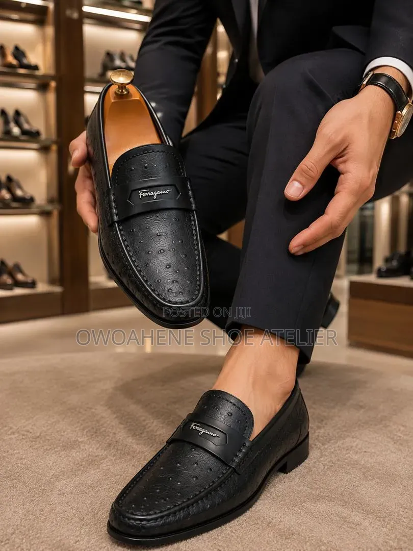 Luxury Black Ostrich-Leather Penny Loafers