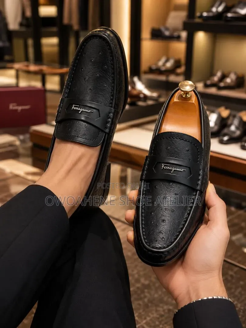 Luxury Black Ostrich-Leather Penny Loafers