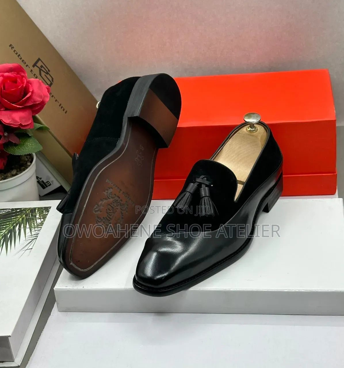 Handmade Black Suede and Leather Tassel Loafers.