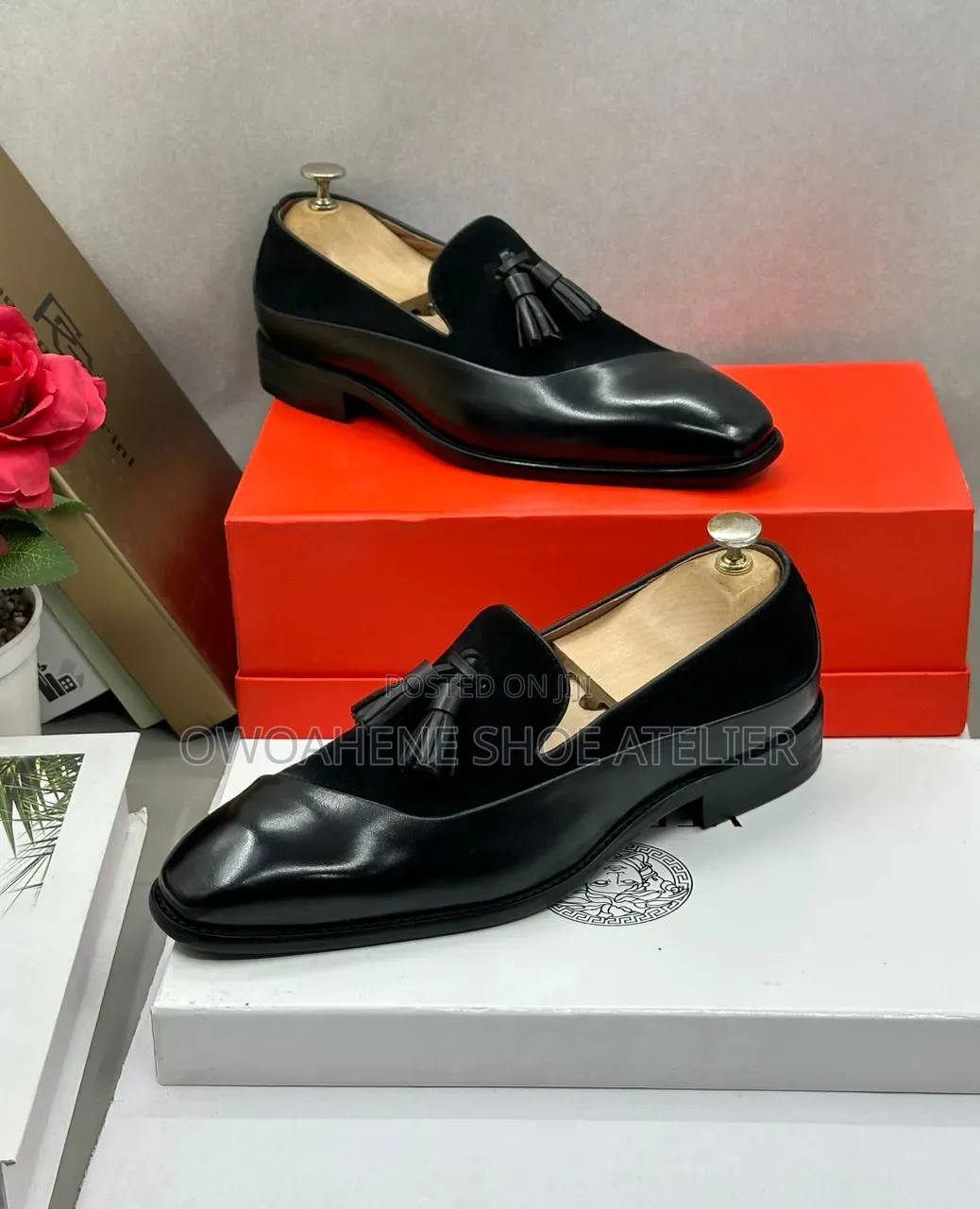 Handmade Black Suede and Leather Tassel Loafers.
