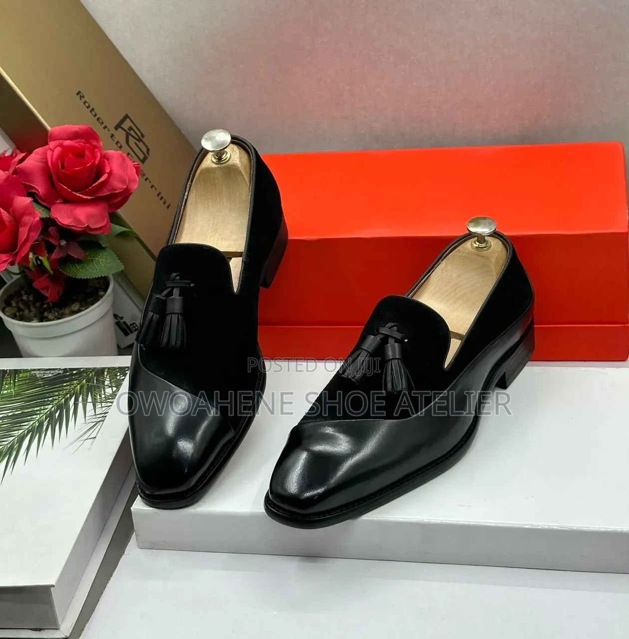 Handmade Black Suede and Leather Tassel Loafers.