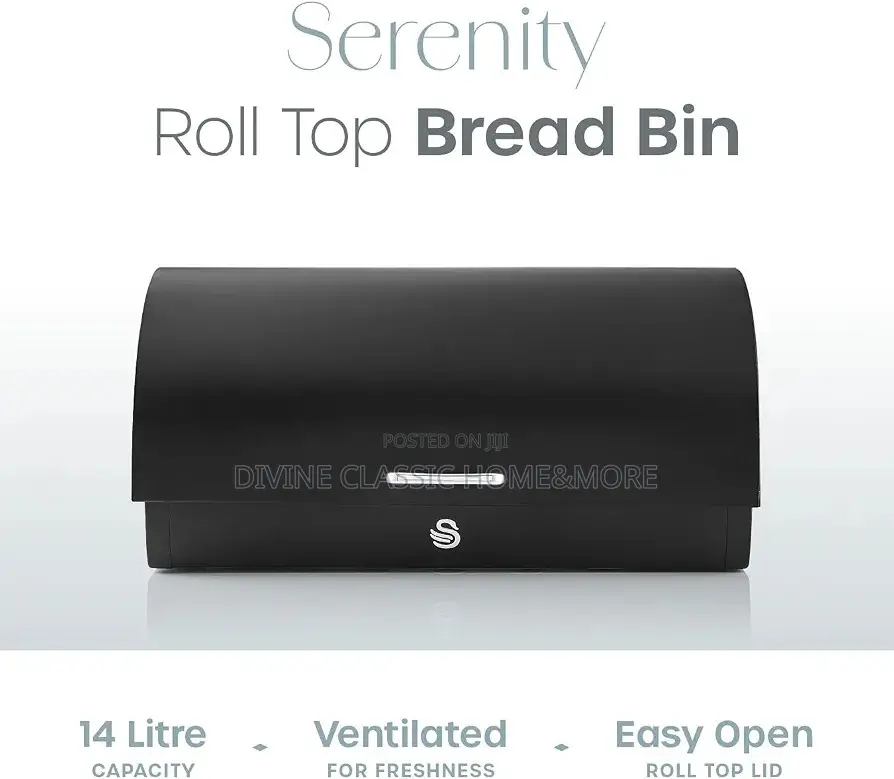 SWAN Serenity Bread Bin Roll Top Lid, 14 Litre, Black
