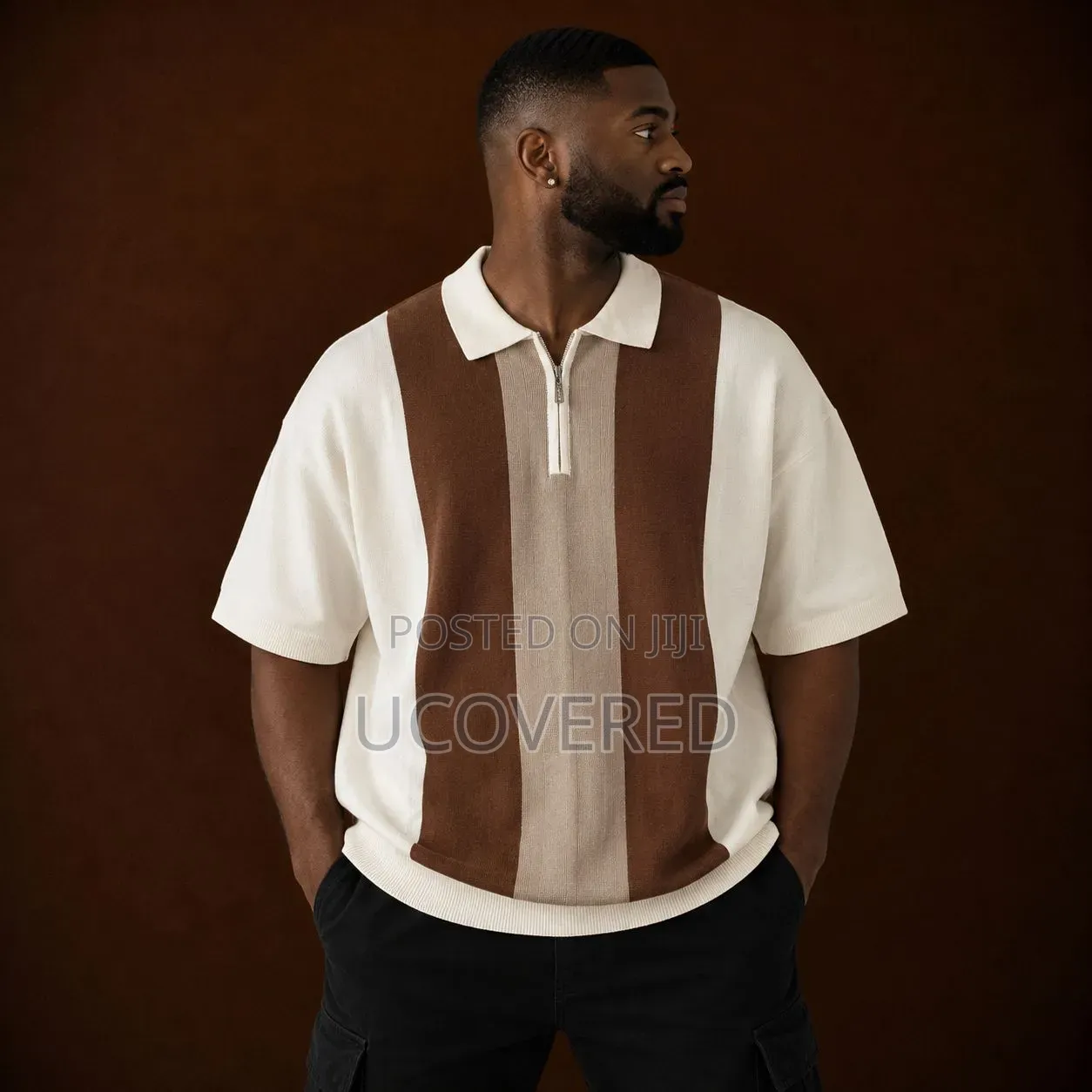 Short-Sleeved, Vertical Colorblock Knit Quarter-Zip Polo Shirt