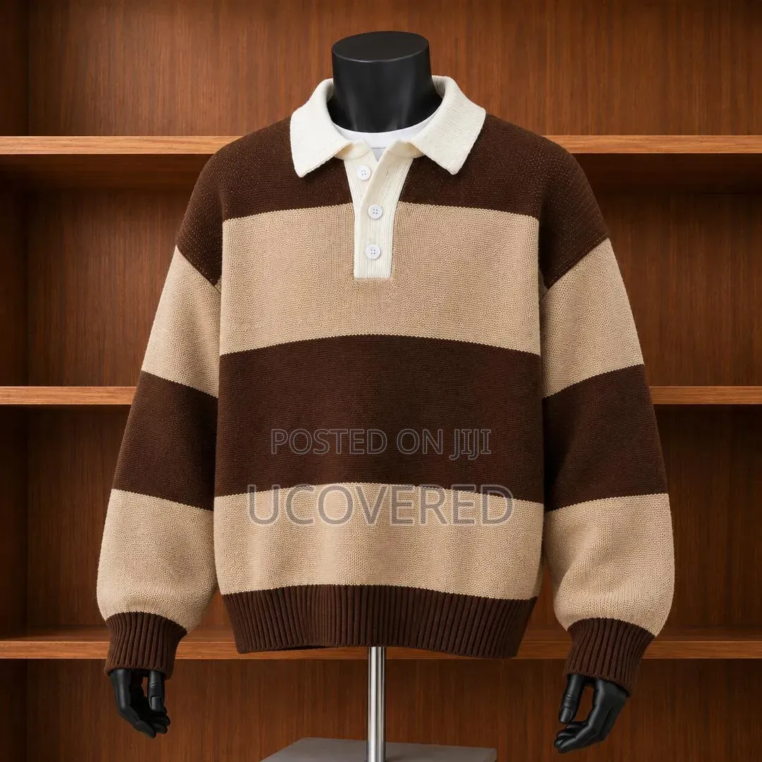 Chunky Knit Striped Rugby Polo Sweater
