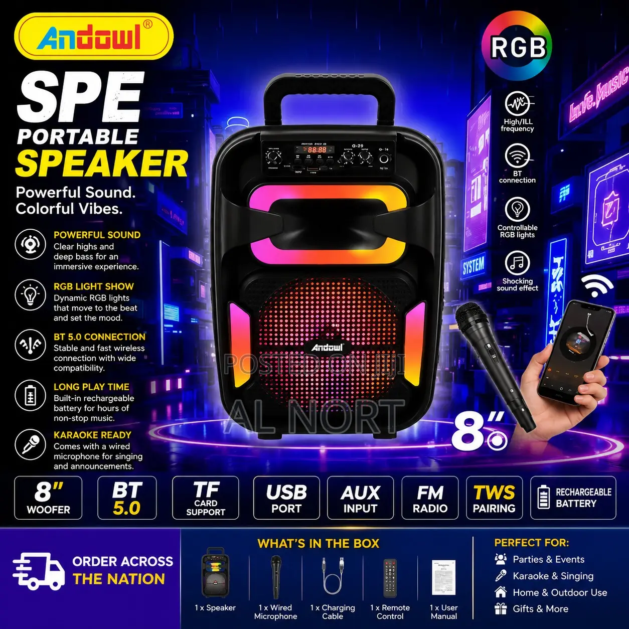 Andowl 8-Inch Portable Bluetooth Speaker – RGB – Black