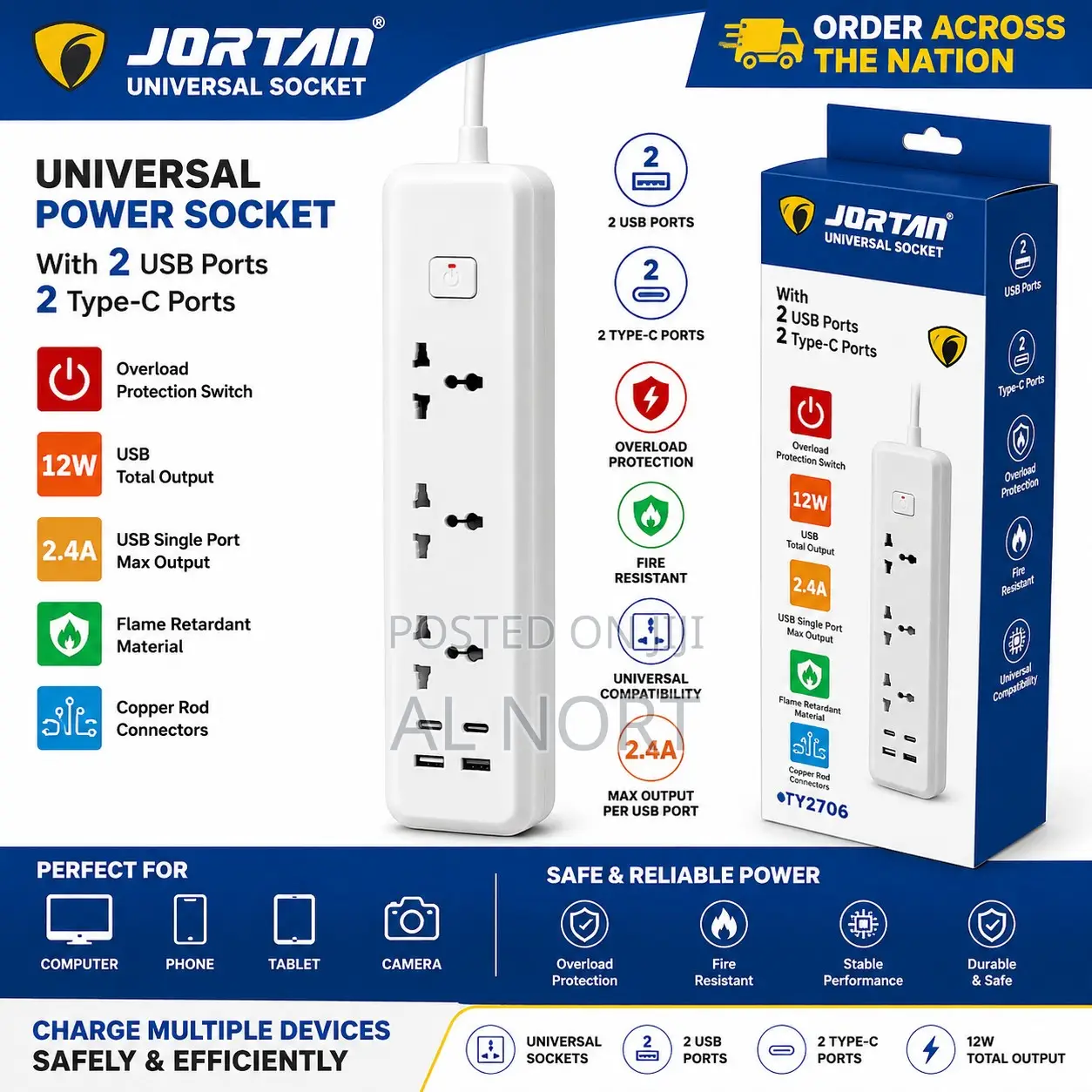 JORTAN TY2706 Universal Socket – 2 USB + 2 Type-C Ports – White