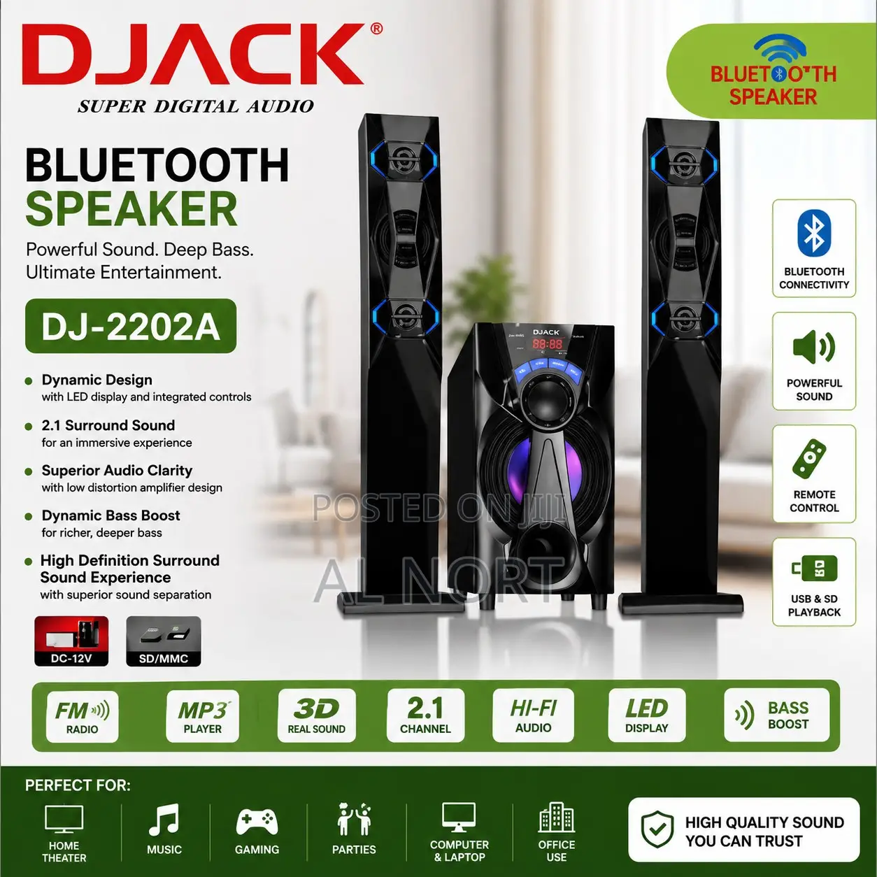 DJACK DJ-2202A Bluetooth Speaker System – 2.1 Channel – Black